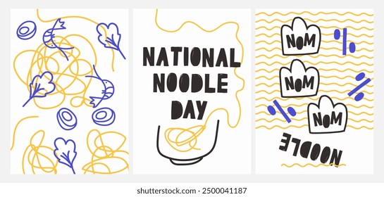 set of posters with noodle and sale. National noodle day. World food day. template design in doodle style. Flat vector Illustration in naive childish art