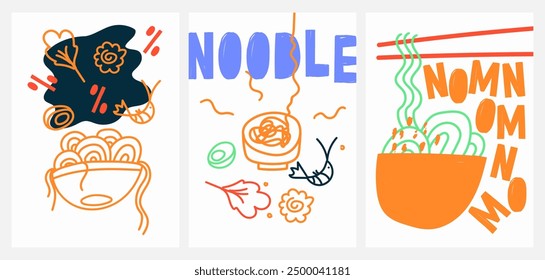 Conjunto de carteles: fideos, pasta vegetariana y venta. Día nacional de fideos. Día Mundial de la Alimentación. Diseño de Plantilla en estilo doodle. Ilustración vectorial plana en arte infantil ingenuo