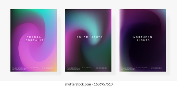 Set of posters with Northern lights gradient. Luminescence of Aurora Borealis.