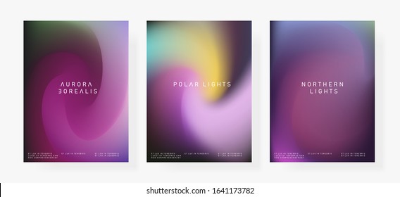 Set of posters with Northern lights gradient. Luminescence of Aurora Borealis.