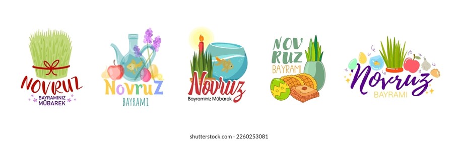 Set of posters for Novruz Bayram holiday on white background