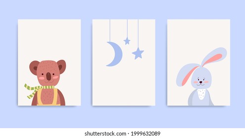 Un conjunto de afiches para el vivero con un oso, un conejito, una luna y estrellas. Ilustración del vector