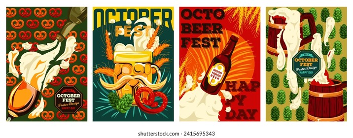 Set of posters for Oktoberfest. Flyers with mugs and bottles of beer, pretzels and ears of wheat. Vintage Beer Festival Invitations. Cartoon flat vector illustrations isolated on white background