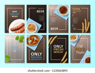 Set of posters for Oktoberfest. Vector illustration with realistic beer, sausages and traditional textile on wooden texture. Brochures design for promo flyers or covers in A4 format size.