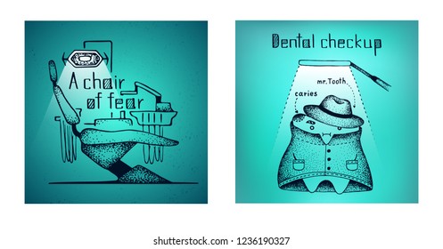 Set of posters on dental theme. A chair of fear and mr. Tooth. Vector.