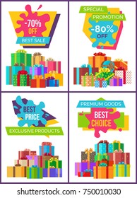 Set of posters on exclusive labels on all products discounts, promo banner with label on it, ribbon and text, blot with title vector and piles of gifts