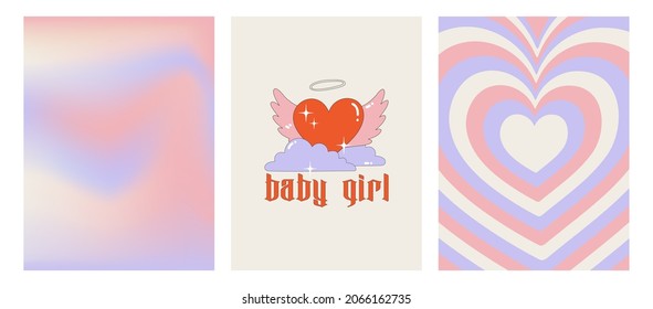 Set of posters on the theme of the 00s. Geometric abstract poster, gradient background and stylish print with a heart with wings in the clouds - baby girl. Glamorous vector illustration Y2k.