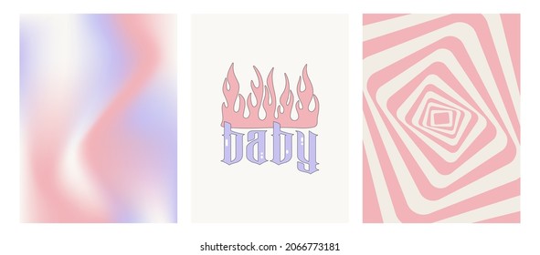 Set of posters on the theme of the 00s. Geometric abstract poster, gradient background and stylish print with flame and the inscription baby. Glamorous vector illustration Y2k. Nostalgia for the 00s