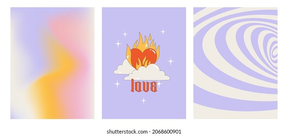 Set posters the theme the 00s  Geometric abstract poster  gradient background   stylish print and heart fire  Glamorous vector illustration Y2k  Nostalgia for the 2000 years 