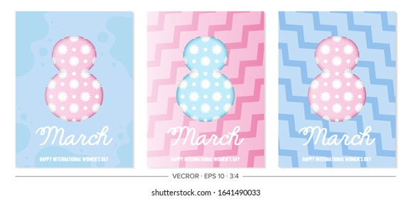 A set of posters on the theme of International Women's Day.
Three beautiful March 8 templates in paper style.
Good for banners and cards. 3 to 4 aspect ratio.
Vector, EPS 10.