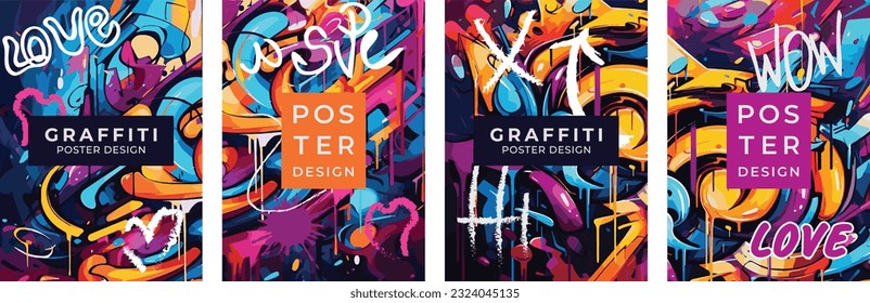 A set of posters on the theme of love in graffiti style. Poster template, vector drawing, design elements.