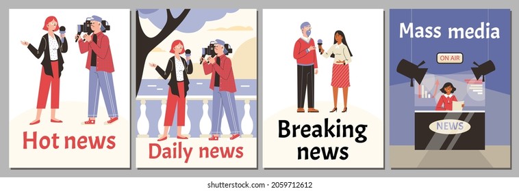 Set posters on theme mass media - reporters taking interview, journalists doing reports, leading news at tv studio and persons with shooting equipment. Flat vector illustrations.