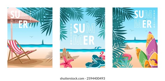 A set of posters on the theme of summer beach holidays. Scenery with sea, beach chair under umbrella, sand castle, surfboards, palm trees