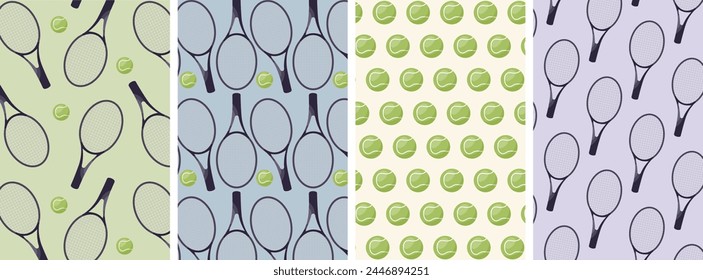 A set of posters on the theme of tennis. Tennis rackets and balls. collection of vector patterns for prints, banners, stickers