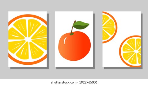 Carteles con naranjas. Frutos luminosos en un fondo blanco. Ilustración vectorial. Para la decoración y decoración de casa en restaurantes, cafés, menús.