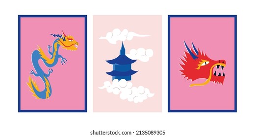 Set von Plakaten im orientalischen Stil. Vektorgrafiken mit asiatischen Drachen und Pagoda-Tempel mit Wolken. Plakate für Druck, Textilien, Mode, Dekoration, Scrapbooking