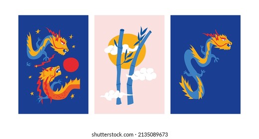Set of posters in oriental style. Vector illustrations with asian dragons and bamboo. Posters for print, textile, fashion, decor, scrapbooking