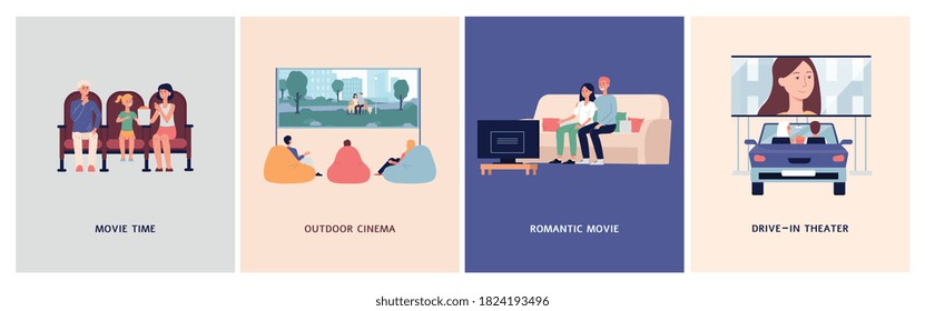 Set of posters for outdoor and home cinema with people watching movie on TV and in drive-in theater, flat vector illustration. Banners for online and outdoors cinema.