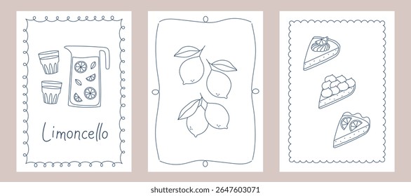 Set of posters with outline lemons, cakes and lemonade. Templates for invitation, menu design, wall art print decor. Vector illustration