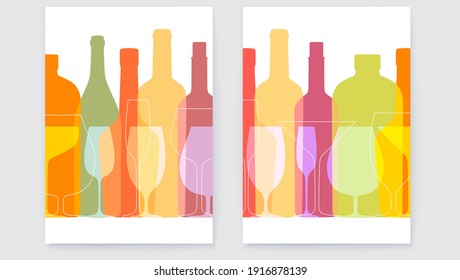 Set of posters with outline wine bottles and glasses. Silhouettes in overprinting style. Background with contour bottles and glasses. Vector template for menu, festival, banner.