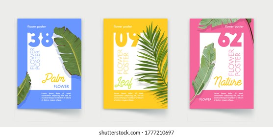 Set von Postern mit Palmblättern. Off Card, Stationäre Branding-Vorlage für Unternehmen. Werbebanner für Sommerurlaub zum Sommerrabatt. Exotic Tropical Promo Flyer Design. Cartoon-Vektorgrafik