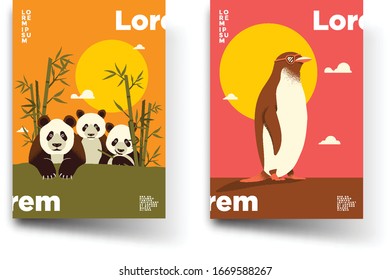 Set of posters with panda family and penguin wearing sunglasses. flat design vector