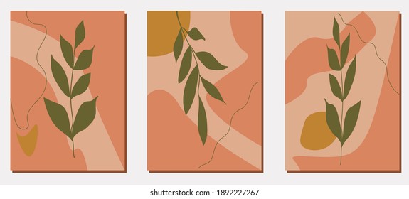 A set of posters in pastel boho colors. Abstract wall arts vector collection. Hand drawn organic shape and leaves. Trendy design for wall framed prints, canvas,  poster, home decor, cover, wallpaper. 