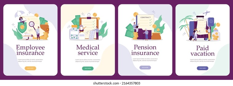 Set posters, pension insurance, employee benefits, vector flat illustration on white background. Client receives social security. Pension insurance for human well-being