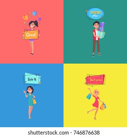 Set of posters with people making shopping and special offer boards above them. Man and woman with gift boxes, presents at best price vector illustrations