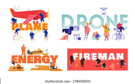 Set of Posters with People Plane Maintenance, Using Drones for Parcels Delivery, Energy Manufacture and Fireman Profession Concept. Characters Job Occupation Banner Flyer. Cartoon Vector Illustration