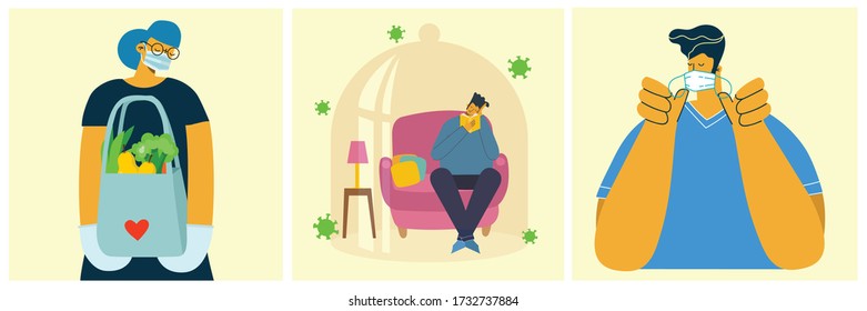 Set von Plakaten mit Menschen geschützt mit Schild, Lieferung von Lebensmitteln, sicher und sauber. Veranschaulichung des Gesundheitszwecks Vector Illustration in flachem Stil. Konzept des Corona-Virus-Schutzes. Gesundheitsfürsorge