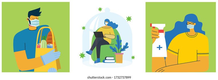 Set of posters with people protected with shield, food delivery, safe and clean. Healthcare purpose set of illustration. Vector illustration in flat style. Corona virus protection concept. Health care