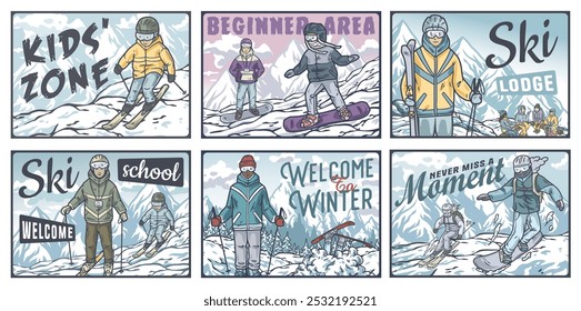 Set of posters with people skiing and snowboarding on mountain slopes, enjoying winter holidays. Winter poster or sign for winter sport