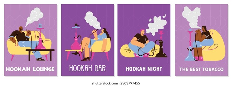 Set of posters with people smoking hookah, flat vector illustration. Concept of tobacco smoking. Diverse people relaxing with shisha in lounge.