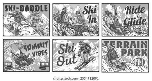 Set of posters with people snowboarding, skiing, sledding and paragliding with mountains in the background. Winter poster or sign for winter sport