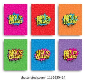 set of posters with phrase back to college in retro comic style on colorful background with various icons