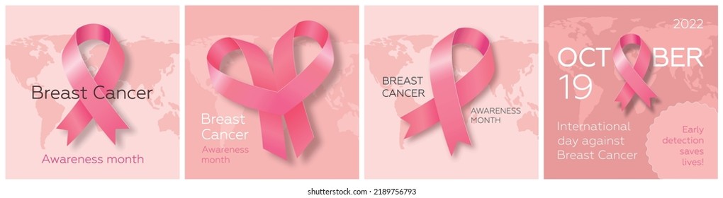 Set of posters with pink ribbon for World Breast Cancer Awareness Month and International day against breast cancer in October. Modern vector illustration.