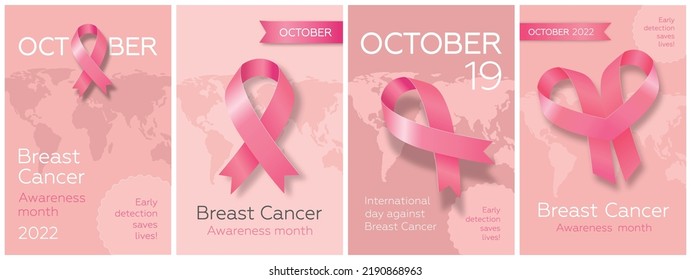 Carteles con cinta rosa para el Mes Mundial de Concienciación sobre el Cáncer de Mama y Día Internacional contra el Cáncer de Mama en octubre. Ilustración vectorial moderna.