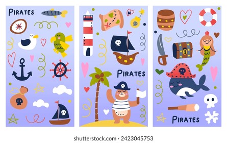 Set of posters with pirates. An illustration of three posters showcase pirates and ships, blending detailed design with playful cartoon elements. Vector illustration.