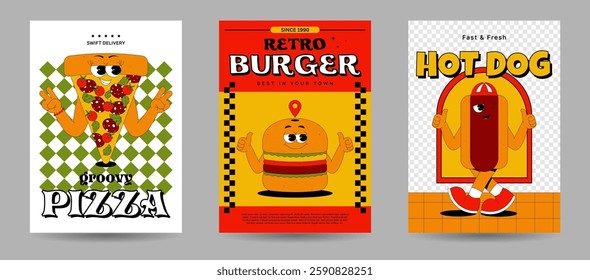 Set of posters with pizza, burger, hot dog characters in retro groovy style. Playful psychedelic fast food mascots. Vintage vector flat illustration