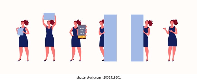 Set of posters place for text in hands of business woman. Woman holds paper, telephone, vertical poster on the floor, on which you can leave note. Vector illustration in flat cartoon style.
