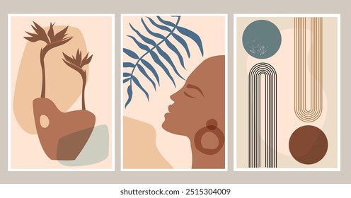 Conjunto de cartazes com plantas, perfil de uma bela mulher, arco-íris geométrico. Strelitzia floresce em um vaso. Ilustração vetorial.