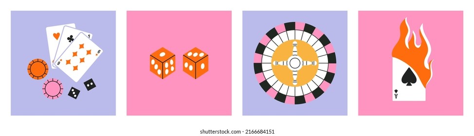 Set of posters with playing cards, roulette, chips and dice. Gambling, betting and casino concept. Cool design. Banners, social media, advertising design.
Hand drawn vector illustration in color.