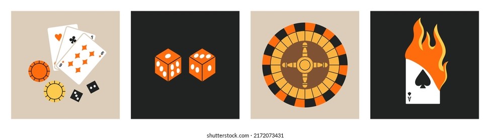 Set of posters with playing cards, roulette, chips, tokens and dice. Gambling, betting and casino concept.
Hand drawn vector illustrations in trendy colors. Flat design.