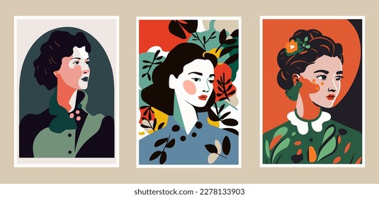 Carteles con retratos de mujeres. Ilustración vectorial en estilo plano. cartel de impresión de arte mural