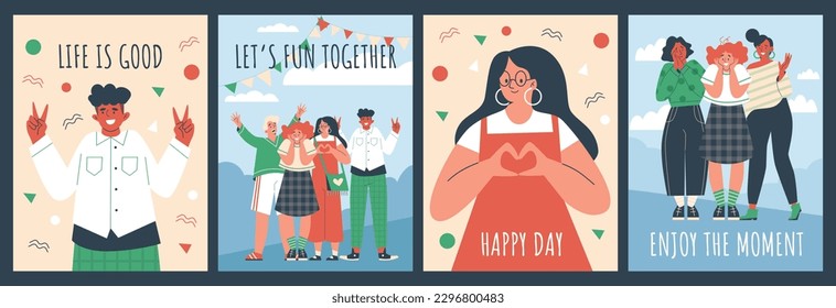 Set of posters with positive emotion people flat style, vector illustration isolated on dark background. Men and women smiling, enjoying moment, gesticulating and having fun together