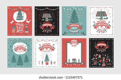 A set of posters or postcards Christmas market, Happy New year and Christmas with festive decor, garlands, gifts, a carousel with horses, Christmas sweets, Christmas trees, socks, gifts, masks