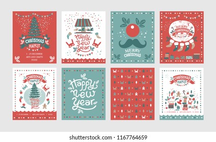 A set of posters or postcards Christmas market, Happy New year and Christmas with festive decor, garlands, gifts, a carousel with horses, Christmas sweets, Christmas trees, socks, gifts, masks