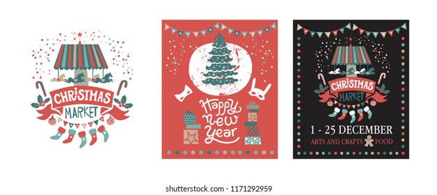 A set of posters or postcards Christmas market, Happy New year and Christmas with festive decor, garlands, gifts, a carousel with horses, Christmas sweets, Christmas trees, socks, gifts, masks