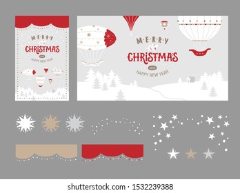 A set of posters, postcards, design elements and Merry Christmas Happy and New year inscription. Vector illustration. Winter holiday banner, poster, greeting card vector design element